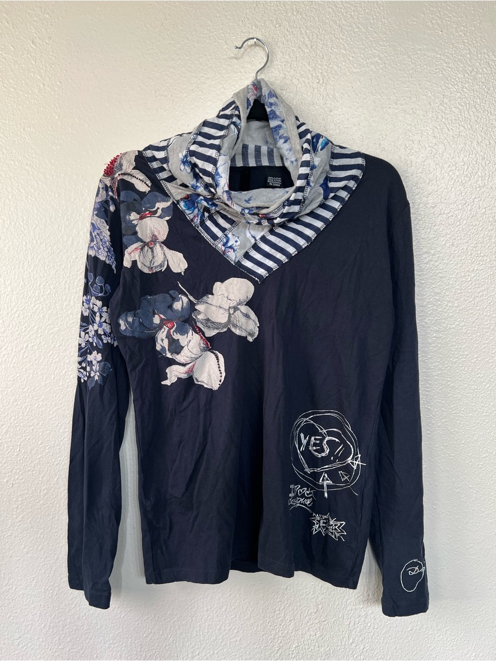 Desigual Y2K style navy floral longsleeve top